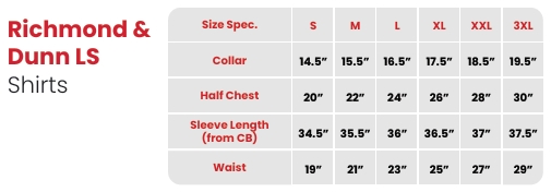 Richmond & Dunn LS Shirts Size Chart
